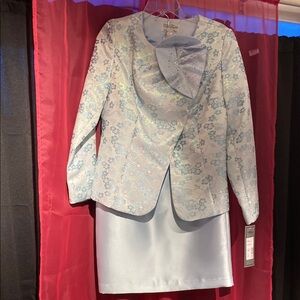 Elegant Light Blue Floral Women's Jacket & Skirt Set